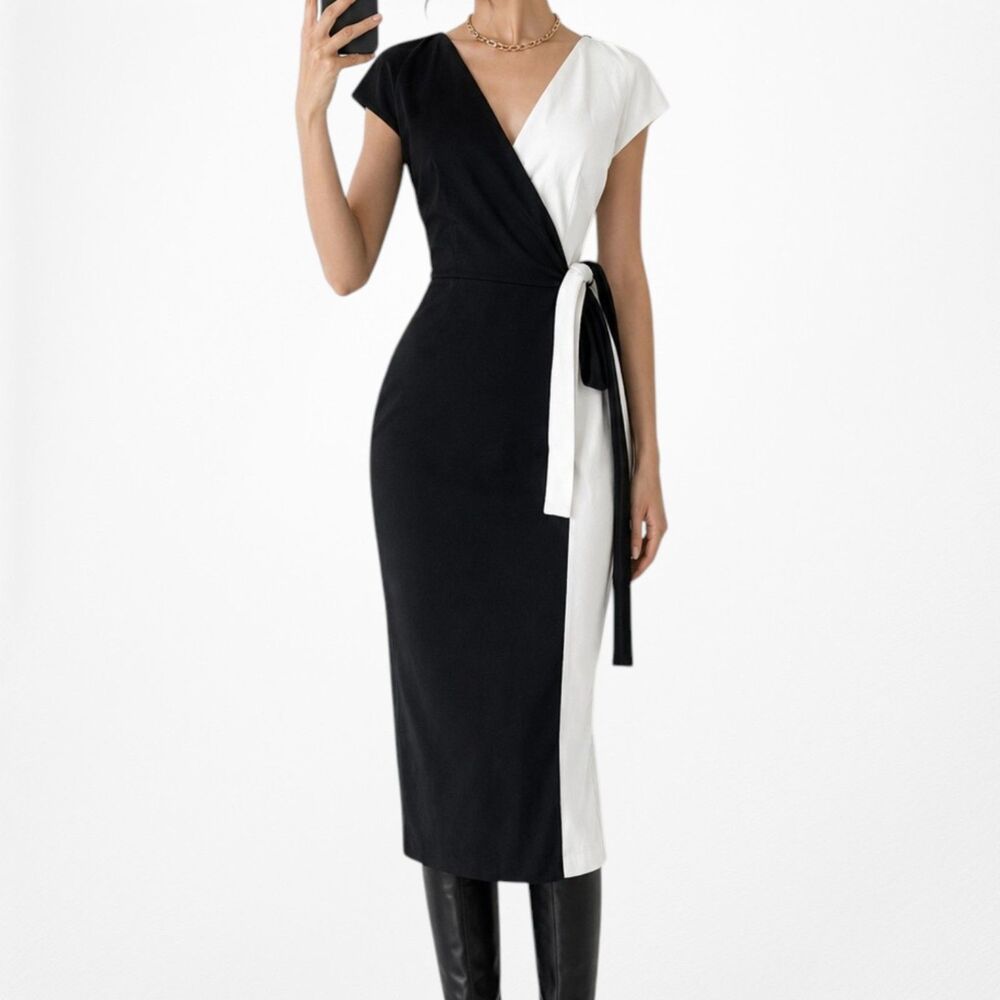 Vintage Y2K 90s Black White Colorblock Knee Length Knit Side Tie Dress Size S